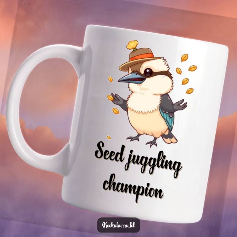 Funny kookaburra mug with a tiny hat, skillfully juggling shiny seeds, looking mischievous and entertaining.