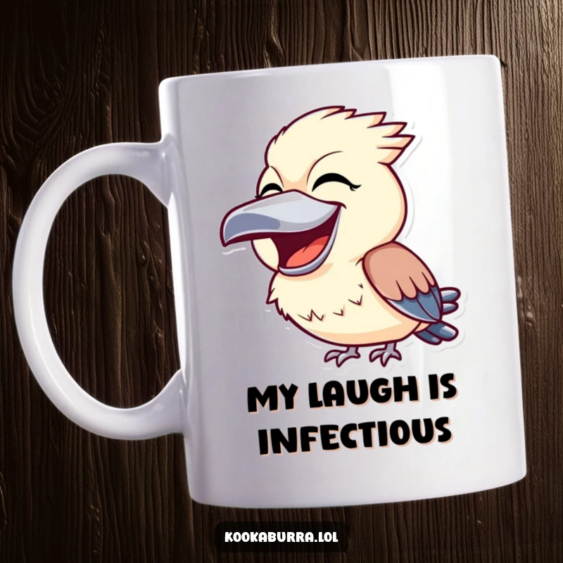Funny kookaburra mug featuring a cartoon bird with a wide-open beak, captured mid-laugh, radiating pure, contagious happiness.