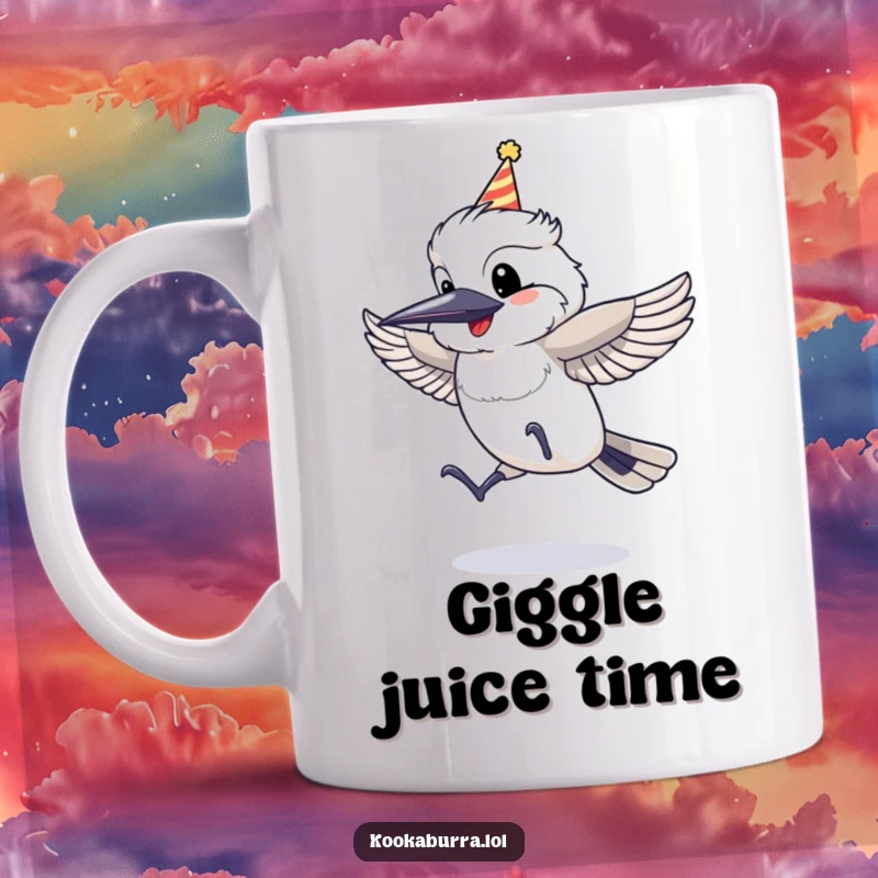 Funny Mug featuring a kookaburra wearing a tiny party hat, caught mid-jump with pure glee and a big smile.