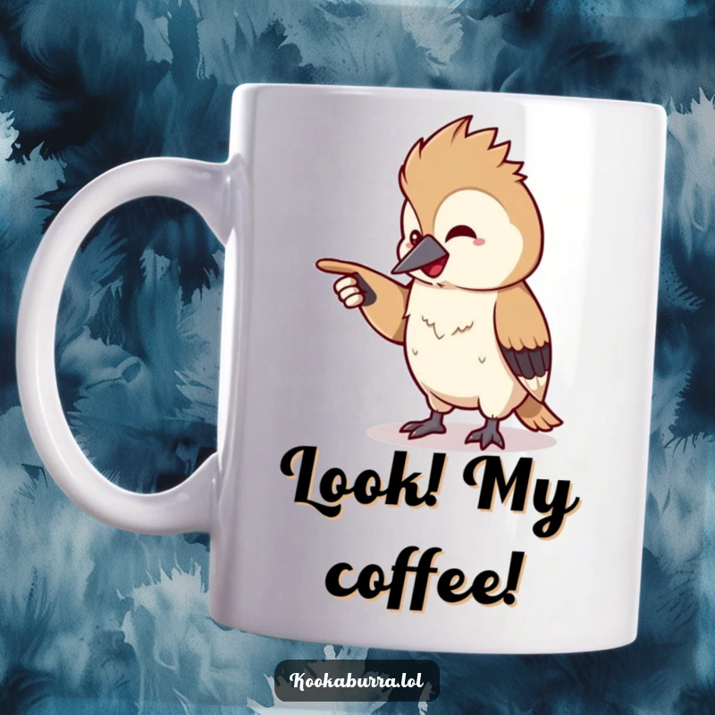Funny kawaii kookaburra mug featuring a tiny bird pointing off-screen with a subtle chuckle, suggesting a shared humorous secret.