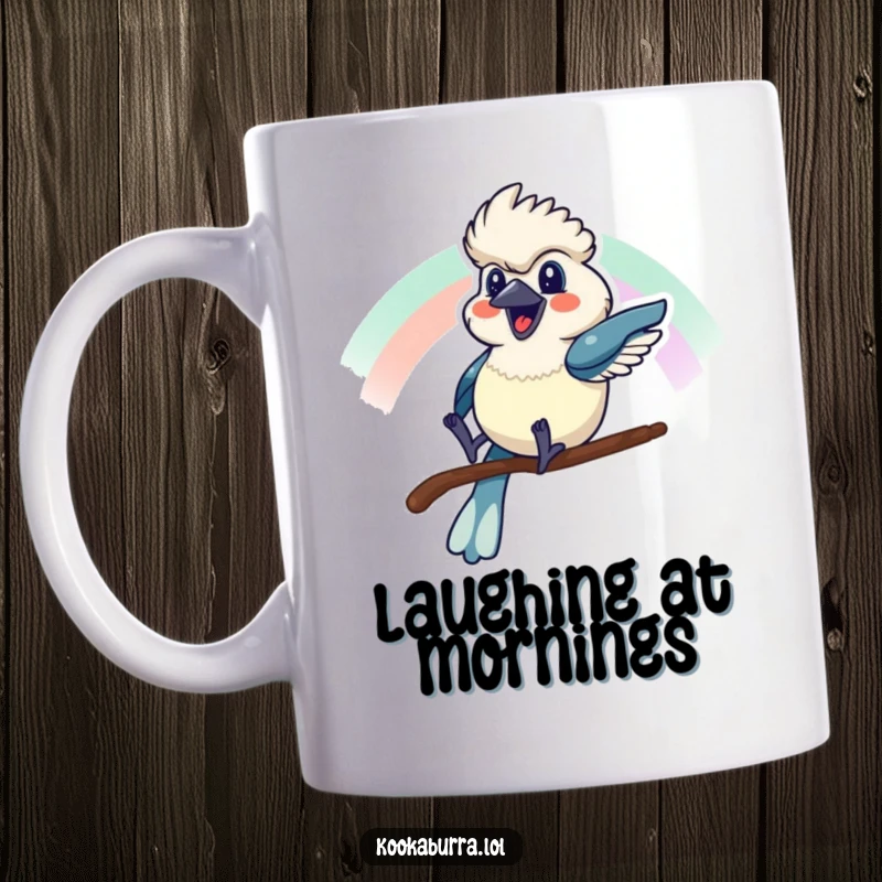 Funny mug showing a kookaburra gleefully sliding down a vibrant rainbow with a huge, infectious grin, embodying pure delight.