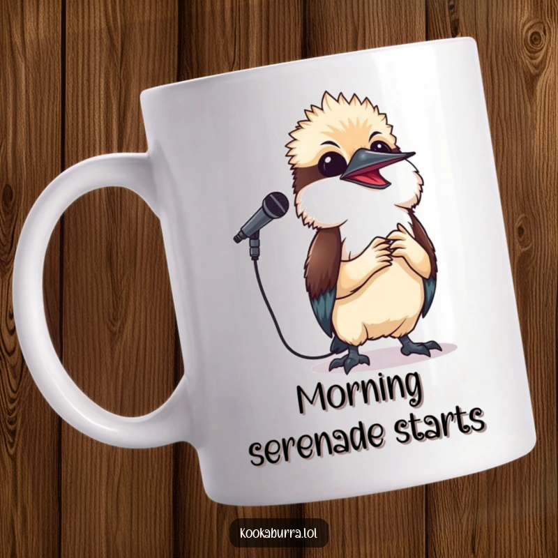 Funny kookaburra mug showing a small bird holding a microphone and singing happily, radiating joy and musical talent.