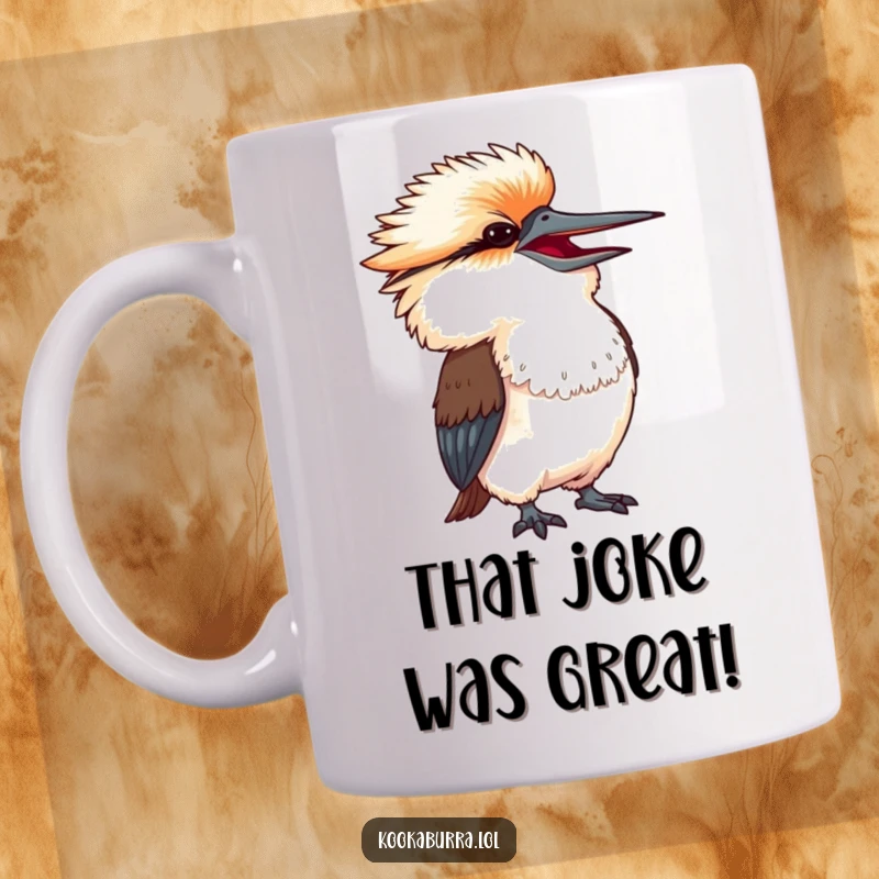Funny kookaburra with its head thrown back in exaggerated amusement, caught mid-laugh on a mug.