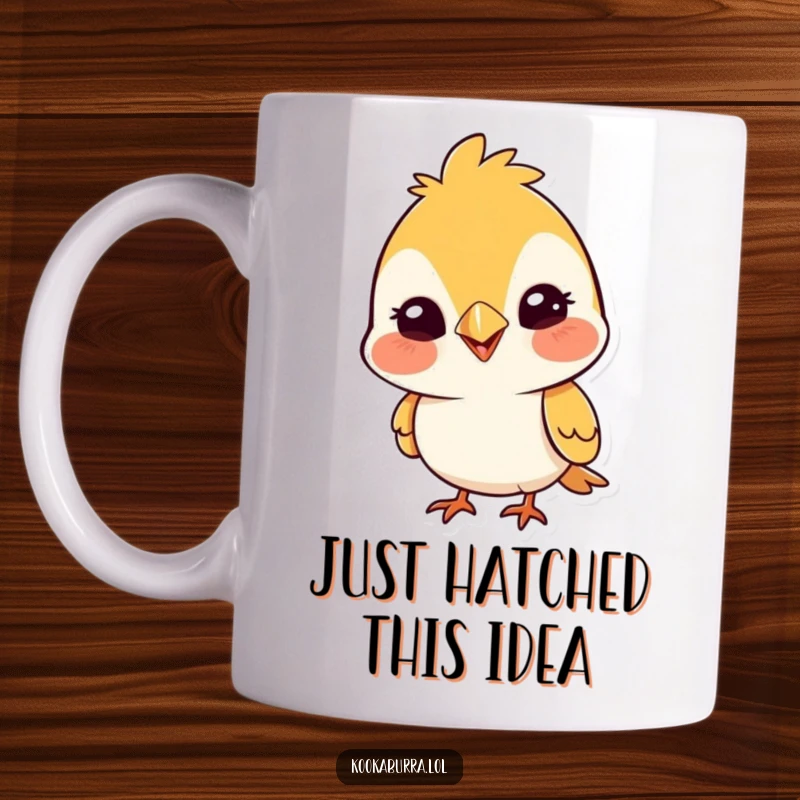 Funny mug featuring a cute bird tipping its head with a wide, silly grin, radiating pure, contagious joy and amusement.