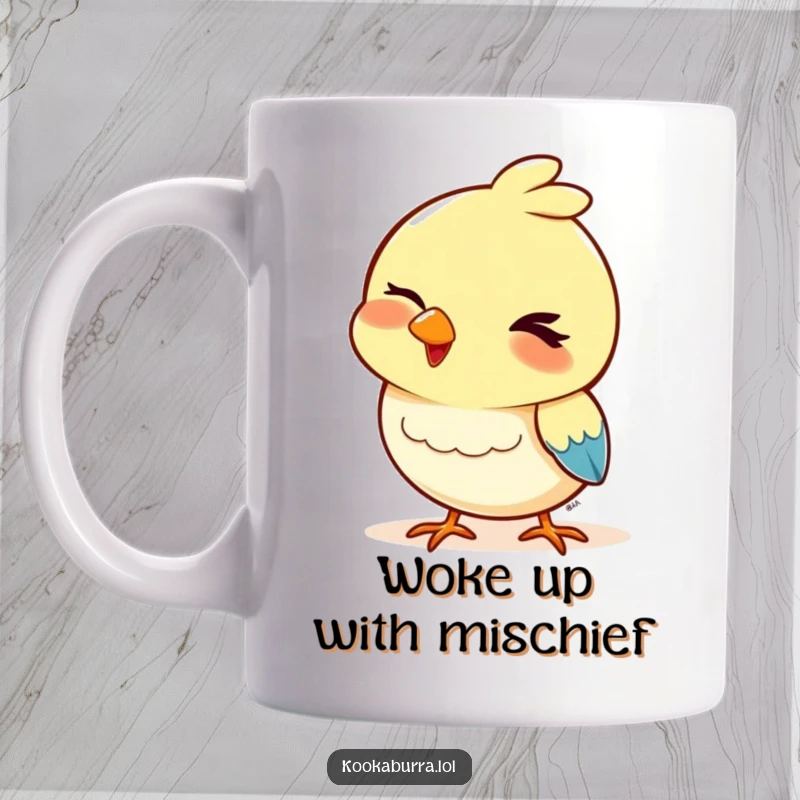 Funny mug featuring a bird with a playful wink and a bobbing head, conveying a sense of fun, mischief, and lighthearted charm.