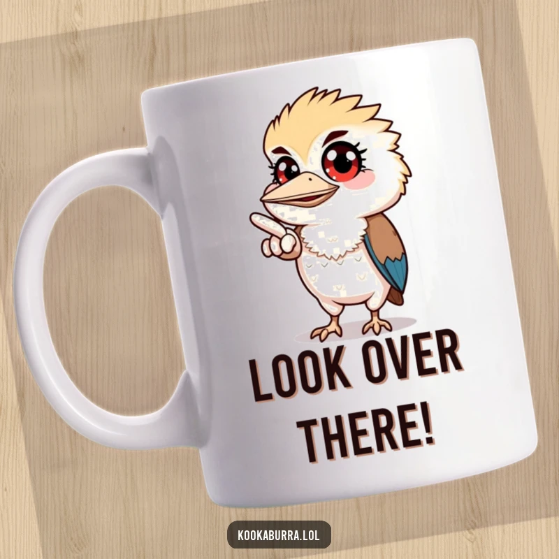 Funny mug featuring a kookaburra with wide, surprised eyes, pointing off-screen with curiosity and humor.