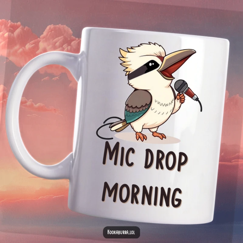 Funny kookaburra mug featuring a bird winking slyly while holding a microphone, ready to perform.