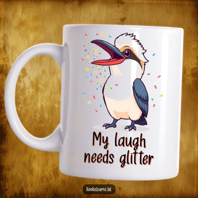 Funny Kookaburra Mug with a kookaburra's beak wide open, releasing a cascade of vibrant, colorful confetti, embodying pure party spirit.