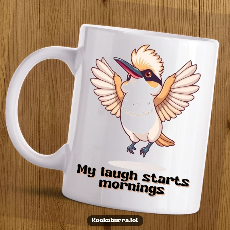 Funny mug showcasing a kookaburra performing a silly dance with its wings spread wide, embodying pure avian exuberance and humor.