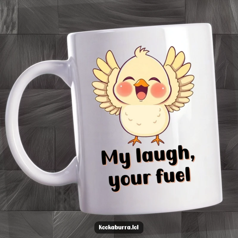 Funny mug featuring a chubby bird laughing heartily with its wings outstretched, radiating pure, unadulterated happiness and merriment.
