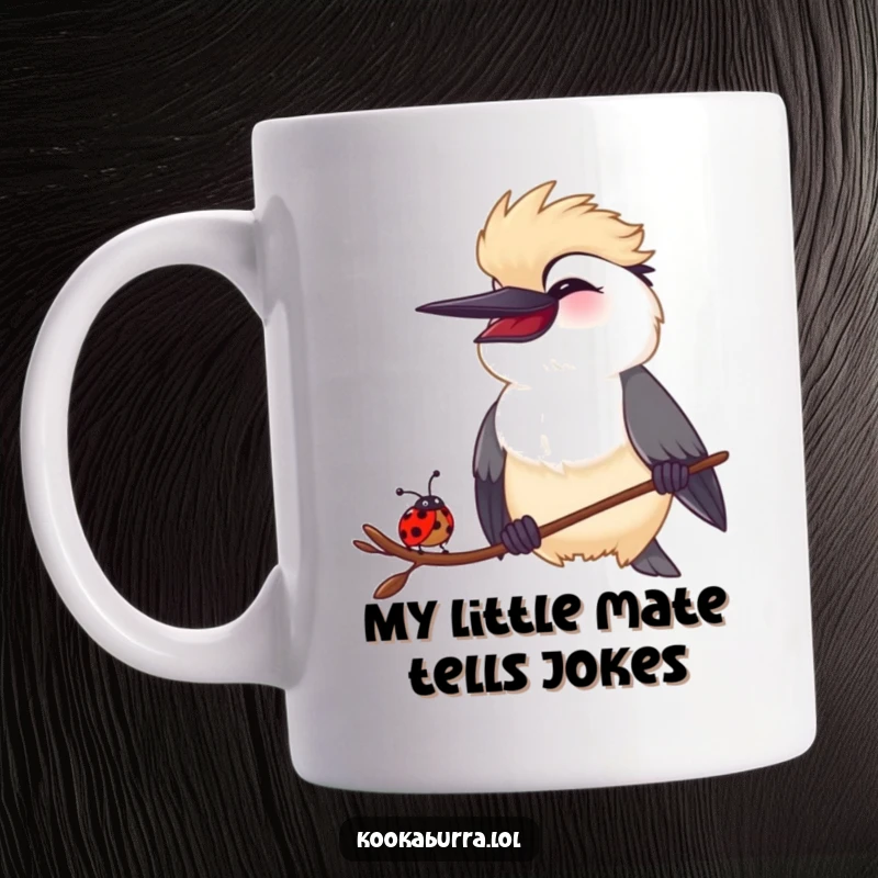 Funny Kookaburra and Ladybug Mug: A kookaburra sharing a hearty laugh with a tiny ladybug, symbolizing a joyful and humorous friendship.