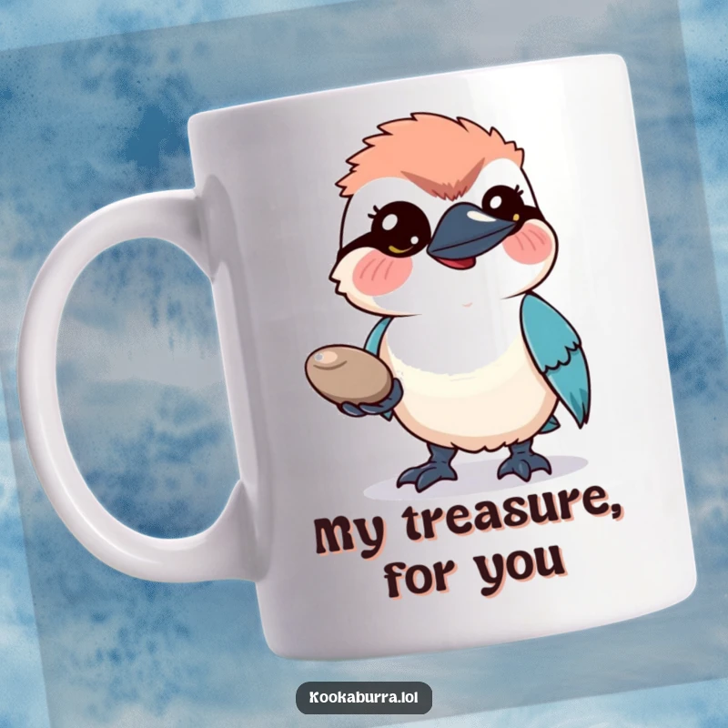 Funny Kookaburra Mug: A hopeful kookaburra offers a shiny pebble with wide eyes and a sweet, earnest expression.