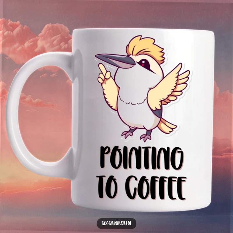 Cute kawaii kookaburra character with a joyful expression, excitedly pointing upwards with its wing, radiating positivity.