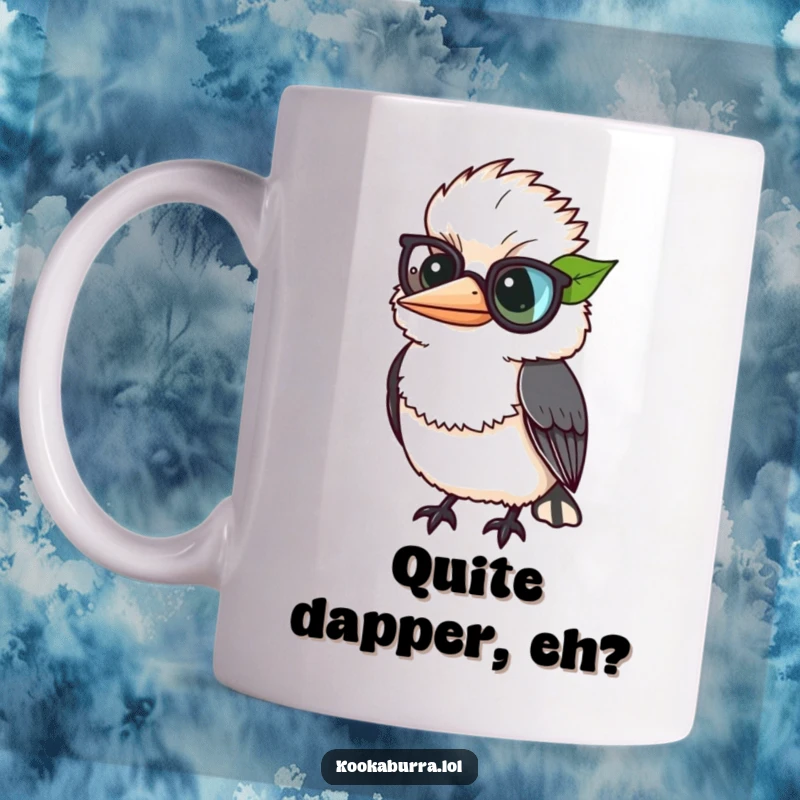 Funny kookaburra comically wearing a green leaf as a monocle, looking dapper and distinguished on a mug.