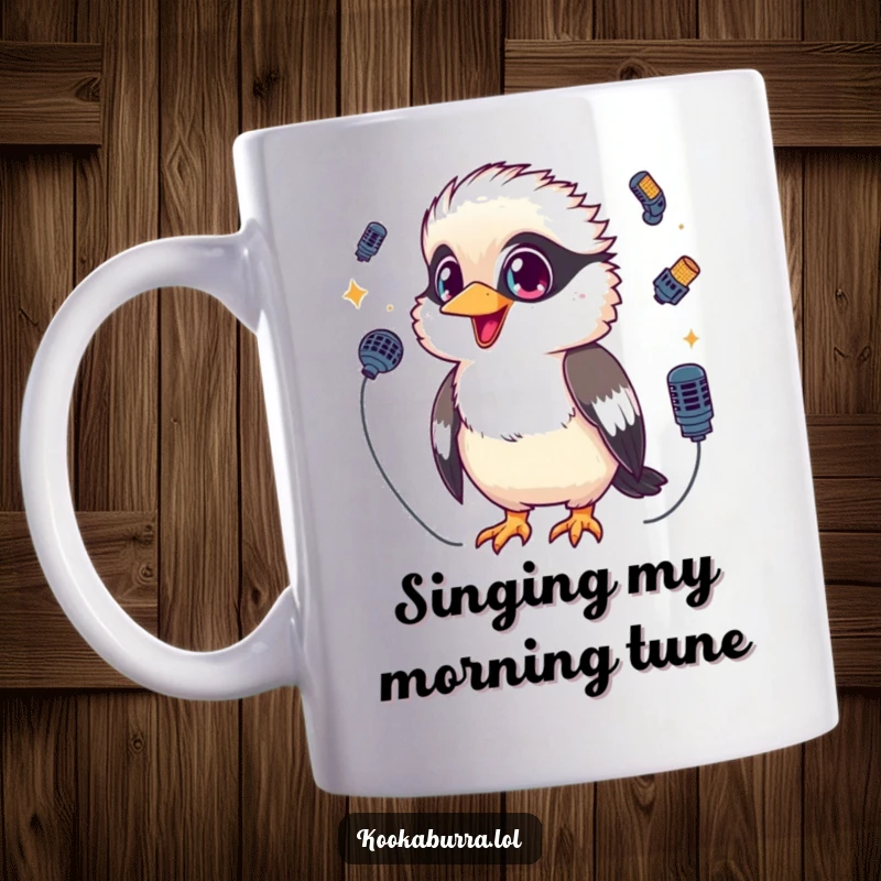 Funny Kookaburra Mug showing a kawaii kookaburra with sparkling eyes, skillfully juggling three tiny microphones, embodying a musical performer.