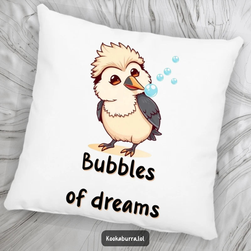 Funny kawaii kookaburra pillow with an amused bird blowing a stream of bubbles, adding comfort and humorous charm.