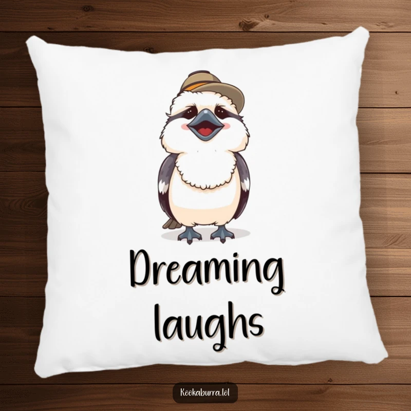 Funny pillow featuring a cute kookaburra wearing a hat, depicted in a hearty laugh for a cheerful accent.