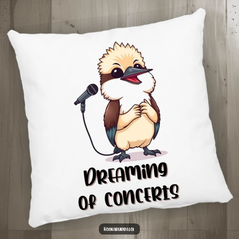 Funny kookaburra pillow featuring a small bird holding a microphone and singing a happy tune, adding musical charm to decor.