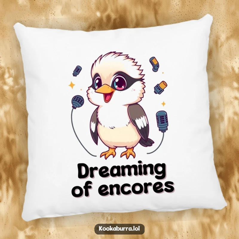 Funny Kookaburra Pillow depicting a kawaii kookaburra with sparkling eyes, juggling tiny microphones, offering comfort and performance charm.