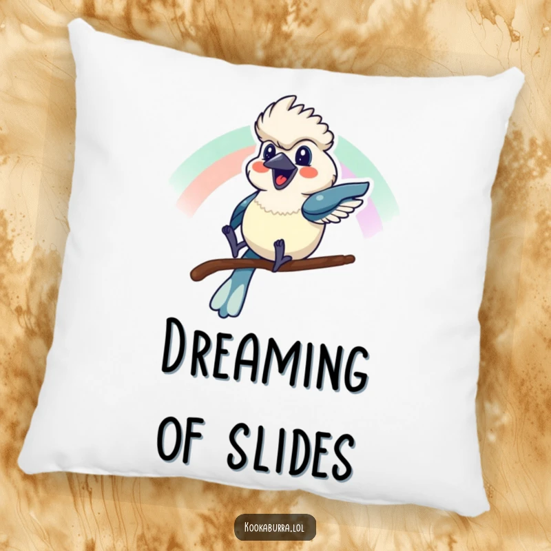 Funny pillow featuring a kookaburra sliding down a rainbow with a cheerful grin, adding comfort and whimsy.