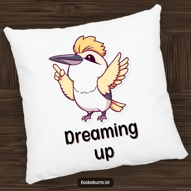 Cute kawaii kookaburra excitedly pointing upwards with its wing, depicted on a soft pillow for adorable comfort.