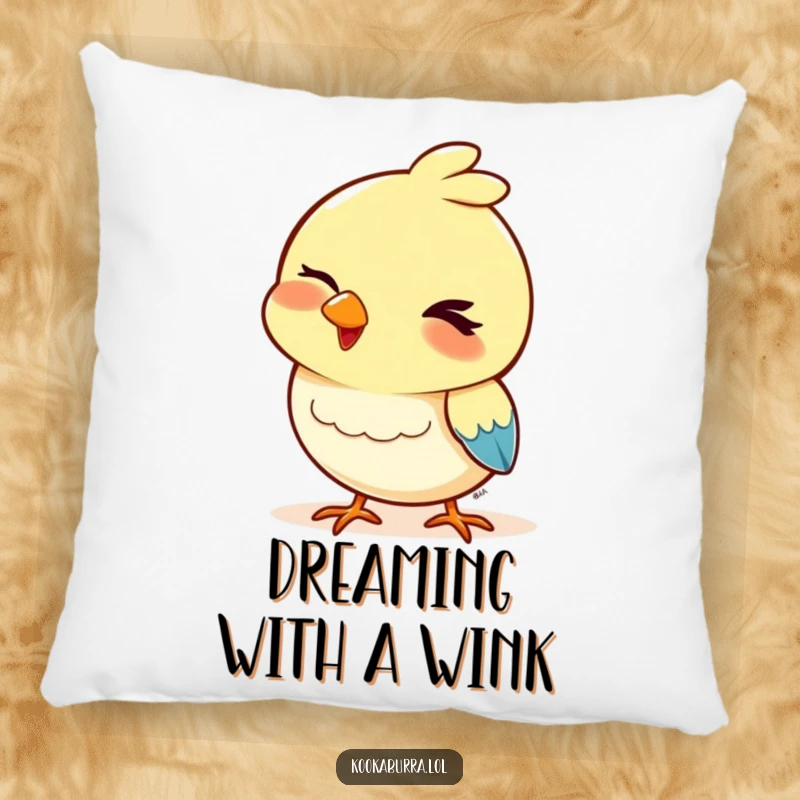 Funny pillow featuring a bird with a playful wink and a bobbing head, offering comfort and a touch of charming, humorous personality.