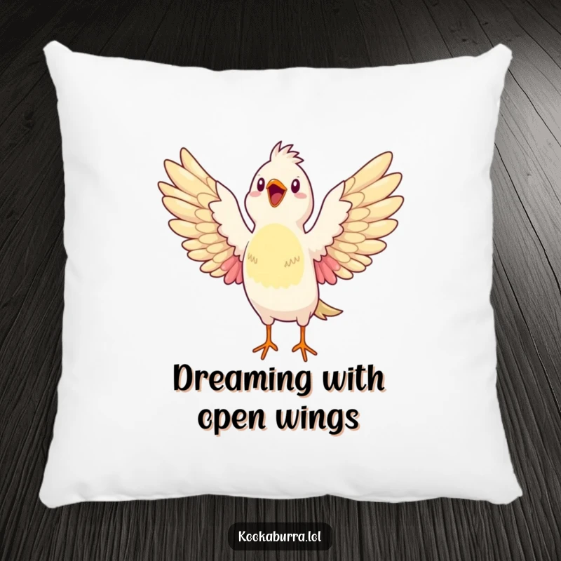 Funny pillow featuring a bird stretching its wings wide open, bursting with glee, providing comfort and a cheerful dose of pure joy.