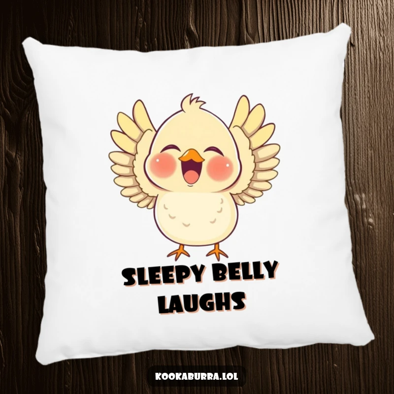Funny pillow featuring a chubby bird laughing heartily with its wings outstretched, providing comfort and a cheerful dose of humor.