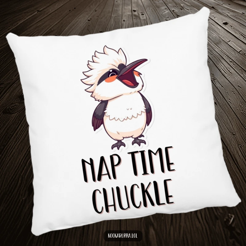Funny kawaii kookaburra shown bursting with laughter, head thrown back, on a soft and decorative pillow.