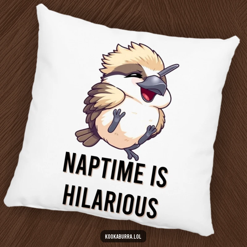 Funny pillow featuring a kawaii kookaburra tumbling playfully, eyes closed in hilarious mirth, perfect for cozying up.