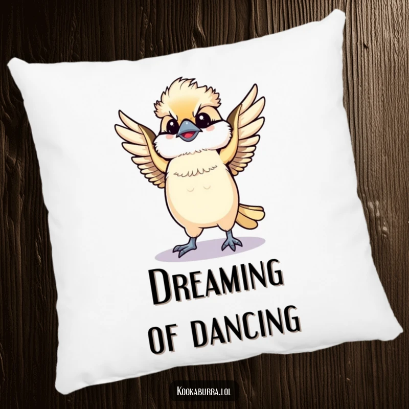 Funny Kawaii Kookaburra pillow, a cute bird dancing with spread wings, full of joy and movement. A cozy and fun funny gift.