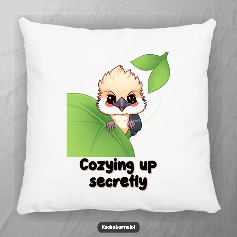 Funny Kawaii Kookaburra pillow, a cute bird peeking from behind a leaf, offering a sweet and playful surprise. A cozy funny gift.