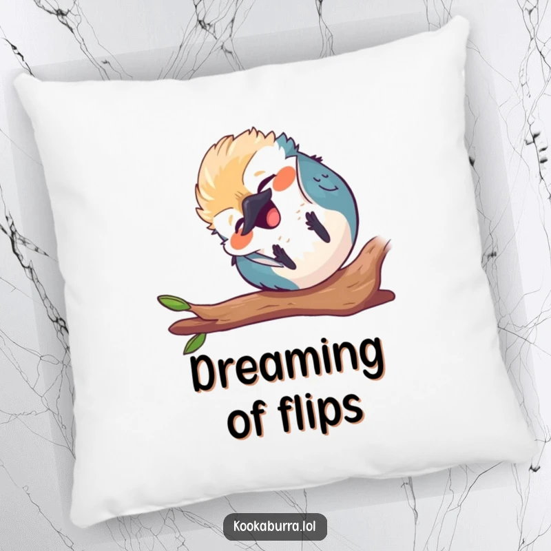 Funny round kawaii kookaburra pillow, tumbling end over end, laughing, cute bird cushion, soft and humorous.