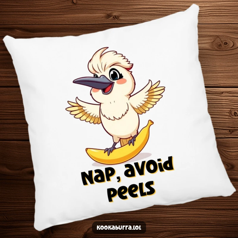 Funny Kookaburra Pillow: Surprised kookaburra catches a large banana peel, a funny and comfy addition to any room.