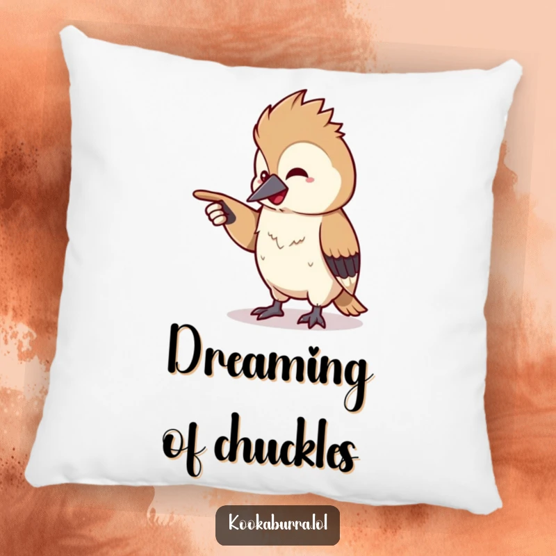 Funny kawaii kookaburra pillow with a tiny bird pointing off-screen with a chuckle, adding comfort and humorous charm.