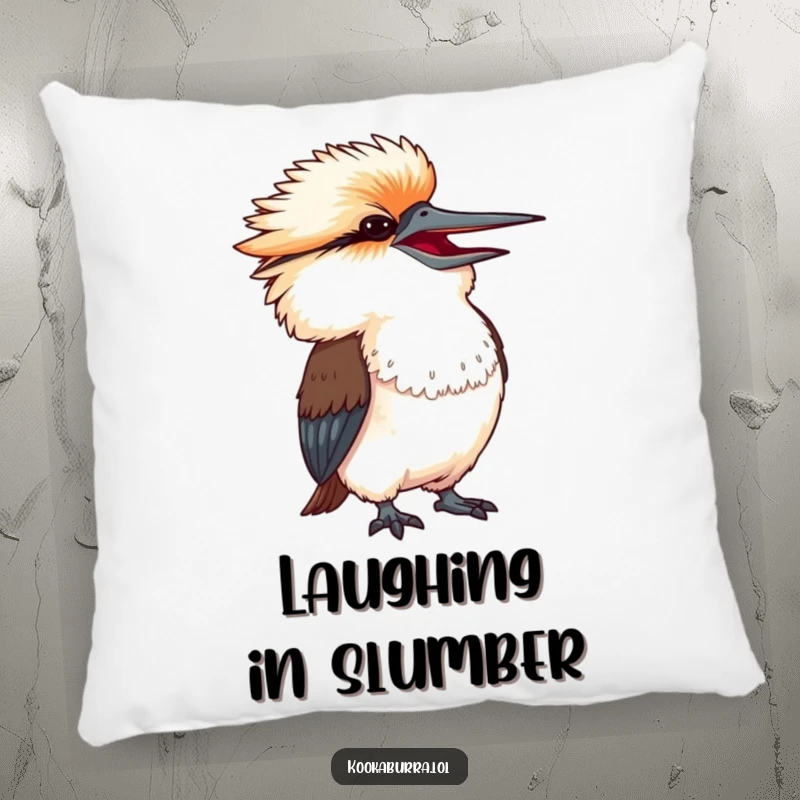 Funny kookaburra with head thrown back in exaggerated amusement, a soft and humorous pillow for comfort.