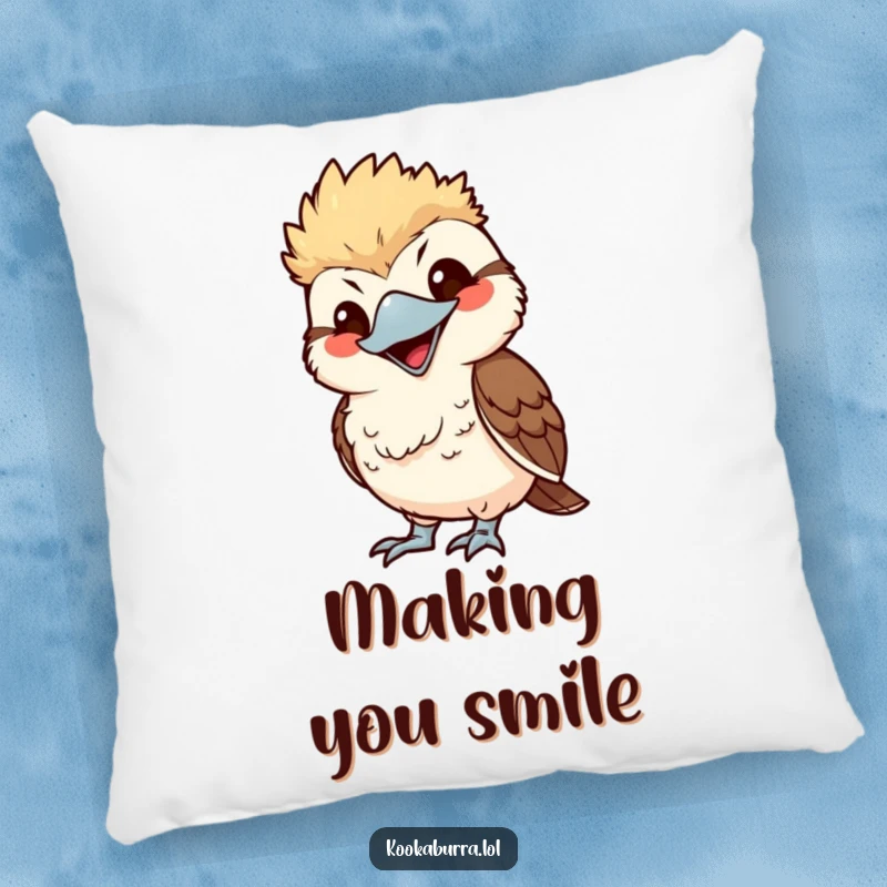 Funny kawaii kookaburra pillow, mimicking with exaggerated smile, cute bird cushion, soft and humorous decor.