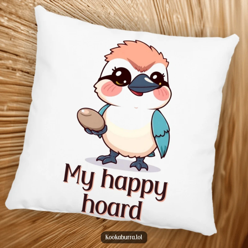 Funny Pillow: A hopeful kookaburra bird sits proudly, offering a single shiny pebble with an adorable expression.