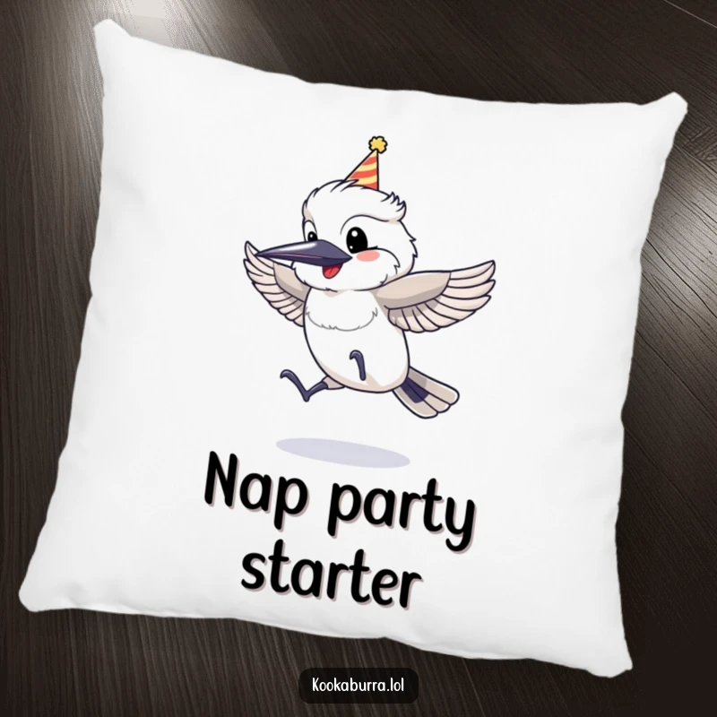 Funny Pillow with a kookaburra in a party hat, jumping with glee, offering cozy comfort and a touch of festive fun.