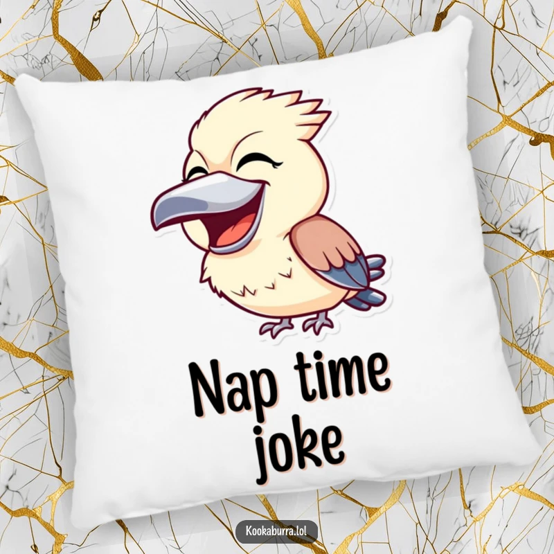 Funny kookaburra pillow featuring a bird with a huge grin and open beak, laughing heartily, adding a playful touch to any room.