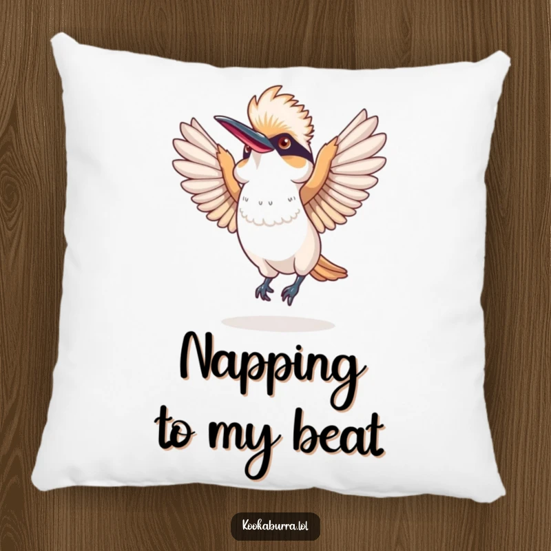 Funny pillow with a kookaburra joyfully dancing, its wings spread wide in a comical pose, adding whimsical and humorous decor.