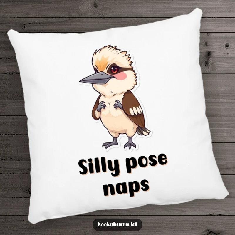 Funny kookaburra character in a silly human pose, depicted on a soft pillow, ideal for adding humor to comfort.