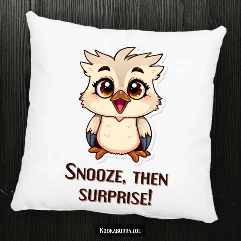 Funny kookaburra pillow featuring a bird with exaggeratedly big, wide eyes and a shocked expression, adding a humorous touch to rooms.