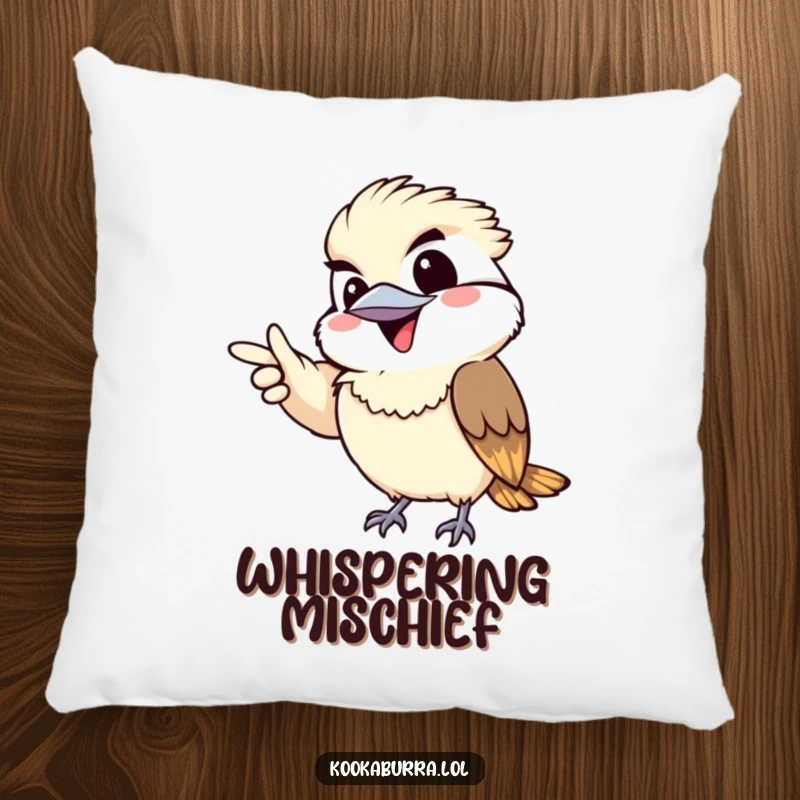Funny pillow featuring a kawaii kookaburra pointing gleefully with a mischievous grin, perfect for a touch of whimsy.