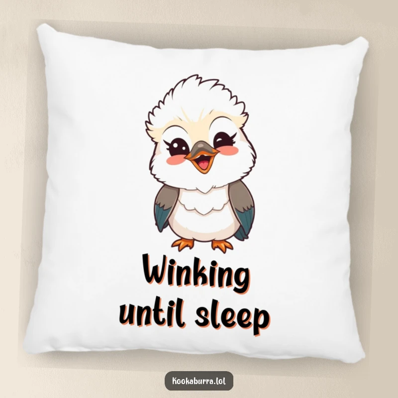 Funny Kawaii Kookaburra pillow, a cute bird with a playful wink and beaming smile, offering cozy cheer. A plush and fun funny gift.