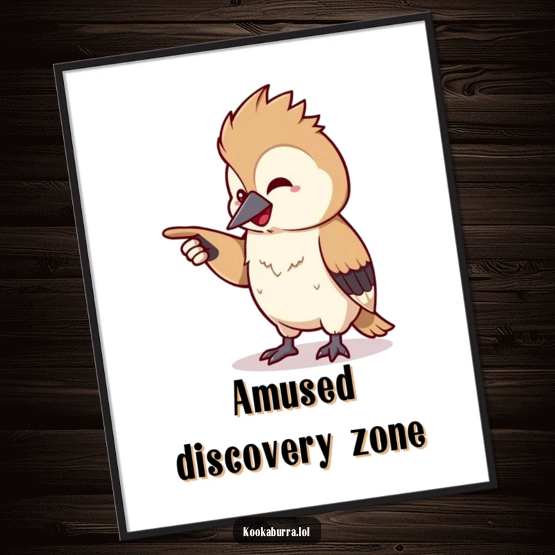 Funny kawaii kookaburra digital art print of a tiny bird pointing off-screen with a chuckle, perfect for instant whimsical and humorous decoration.