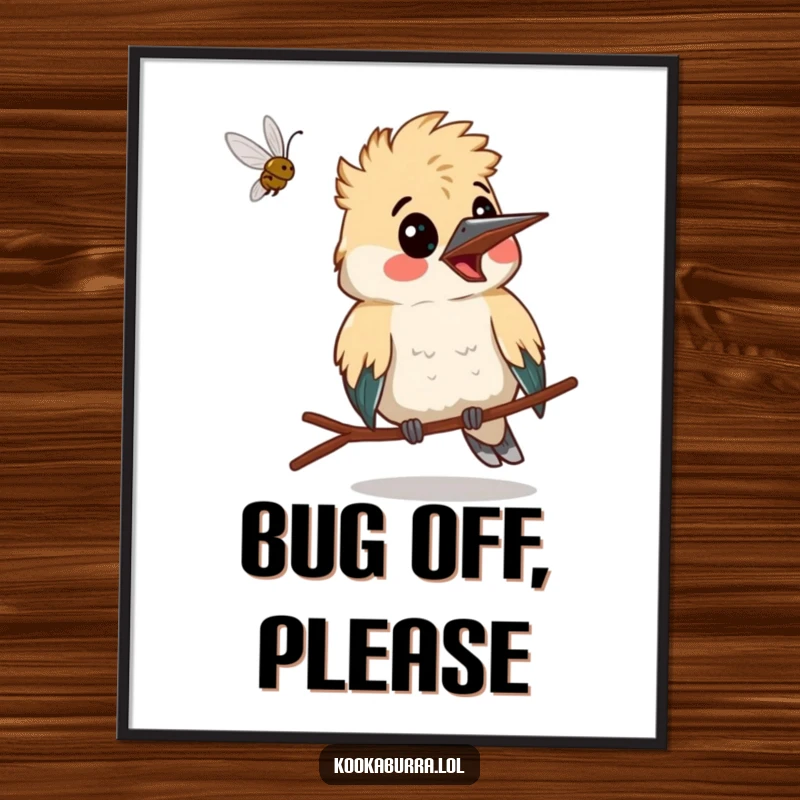 Funny kookaburra making a surprised face as a bug flies past, expressive and humorous digital art.