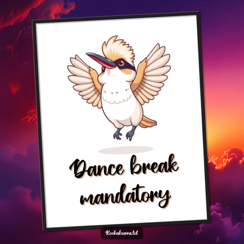 Funny digital art print of a kookaburra performing a comical dance with its wings spread wide, radiating pure laughter.