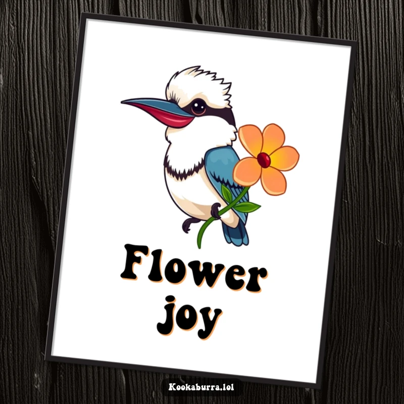 Funny Digital Art Print of a smiling kookaburra offering a brightly colored flower, symbolizing kindness and warmth.