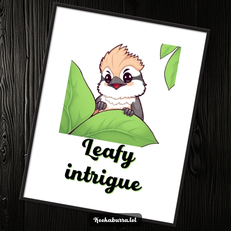 Funny kawaii kookaburra digital art print of a cute bird curiously peeking from behind a leaf, bringing charm and whimsy.